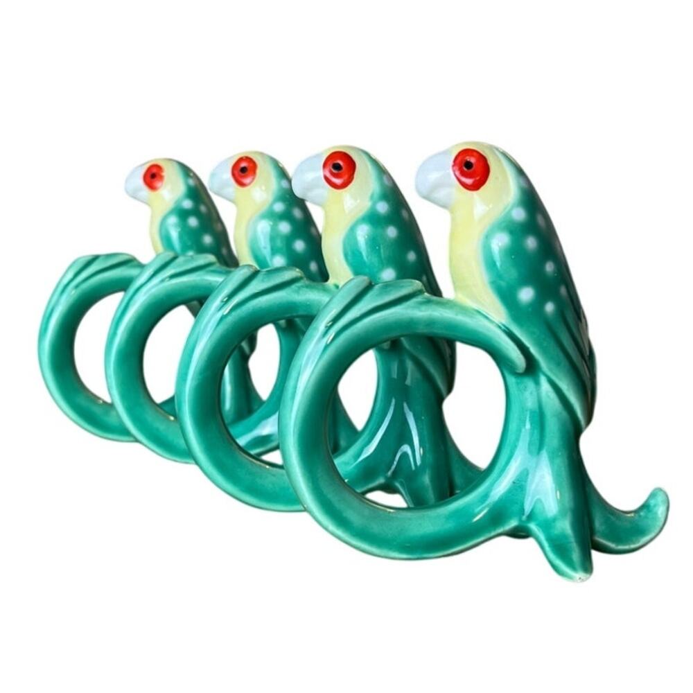 FITZ & FLOYD Vintage Ceramic Parrot Napkin Ring Holder Set Teal Green Bird Decor